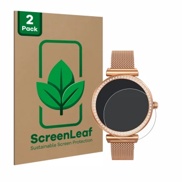 Vorderseite einer Produktverpackung mit dem Markenlogo ScreenLeaf. Daneben ist das Gerät NONGAMX Smartwatch 1.27