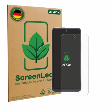 Vorderseite einer Produktverpackung mit dem Markenlogo ScreenLeaf. Daneben ist das Gerät Thuraya One mit dem zugehörigen Displ