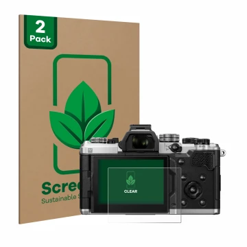 Vorderseite einer Produktverpackung mit dem Markenlogo ScreenLeaf. Daneben ist das Gerät OM System OM-3 mit dem zugehörigen Di