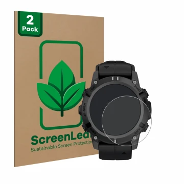 Vorderseite einer Produktverpackung mit dem Markenlogo ScreenLeaf. Daneben ist das Gerät Garmin Descent G2 mit dem zugehörigen