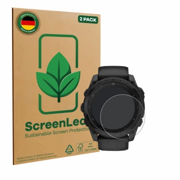Vorderseite einer Produktverpackung mit dem Markenlogo ScreenLeaf. Daneben ist das Gerät Garmin Tactix 8 AMOLED (51 mm) mit de