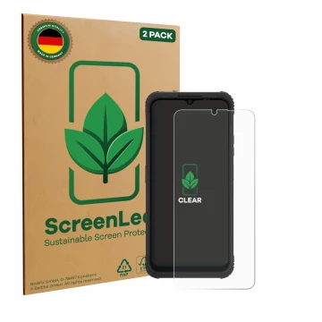 Vorderseite einer Produktverpackung mit dem Markenlogo ScreenLeaf. Daneben ist das Gerät AGM H Max mit dem zugehörigen Display
