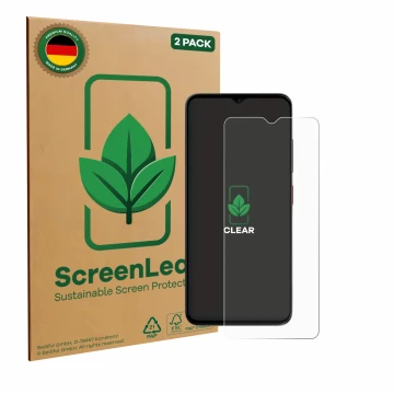 Vorderseite einer Produktverpackung mit dem Markenlogo ScreenLeaf. Daneben ist das Gerät ZTE Blade A35e mit dem zugehörigen Di