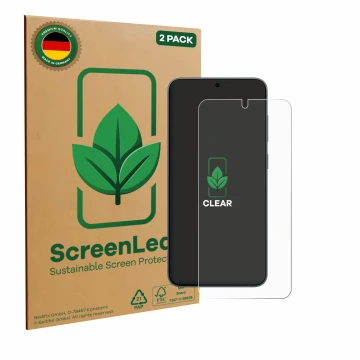 Vorderseite einer Produktverpackung mit dem Markenlogo ScreenLeaf. Daneben ist das Gerät Samsung Galaxy S25 Enterprise Edition