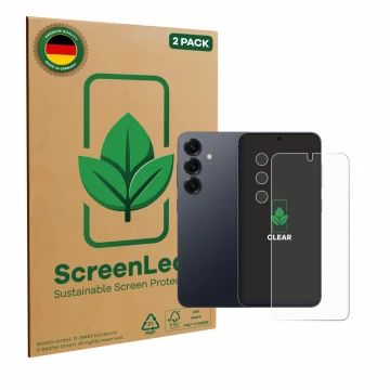 Vorderseite einer Produktverpackung mit dem Markenlogo ScreenLeaf. Daneben ist das Gerät Samsung Galaxy S25 Enterprise Edition
