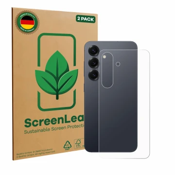 Vorderseite einer Produktverpackung mit dem Markenlogo ScreenLeaf. Daneben ist das Gerät Samsung Galaxy S25 Enterprise Edition
