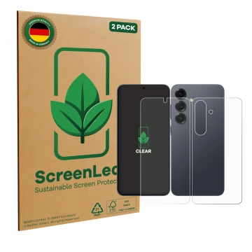 Vorderseite einer Produktverpackung mit dem Markenlogo ScreenLeaf. Daneben ist das Gerät Samsung Galaxy S25 Enterprise Edition