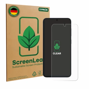 Vorderseite einer Produktverpackung mit dem Markenlogo ScreenLeaf. Daneben ist das Gerät Samsung Galaxy S25 Plus Enterprise Ed
