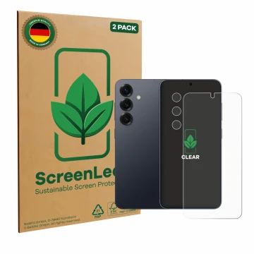 Vorderseite einer Produktverpackung mit dem Markenlogo ScreenLeaf. Daneben ist das Gerät Samsung Galaxy S25 Plus Enterprise Ed