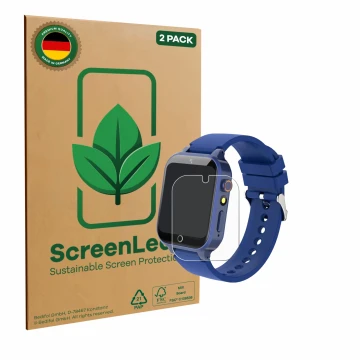 Vorderseite einer Produktverpackung mit dem Markenlogo ScreenLeaf. Daneben ist das Gerät Ruopoem Kids Smartwatch 1.54