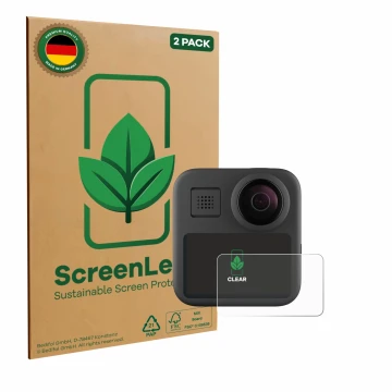 Vorderseite einer Produktverpackung mit dem Markenlogo ScreenLeaf. Daneben ist das Gerät GoPro Max (2025) mit dem zugehörigen 