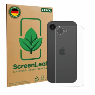 Vorderseite einer Produktverpackung mit dem Markenlogo ScreenLeaf. Daneben ist das Gerät Apple iPhone 16e (Rückseite) mit dem 