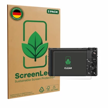 Vorderseite einer Produktverpackung mit dem Markenlogo ScreenLeaf. Daneben ist das Gerät Sony Cyber-Shot DSC-RX100 VIIA mit de