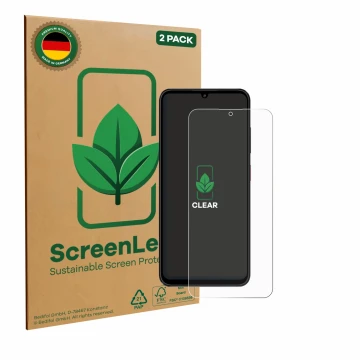 Vorderseite einer Produktverpackung mit dem Markenlogo ScreenLeaf. Daneben ist das Gerät ZTE Blade A55 mit dem zugehörigen Dis