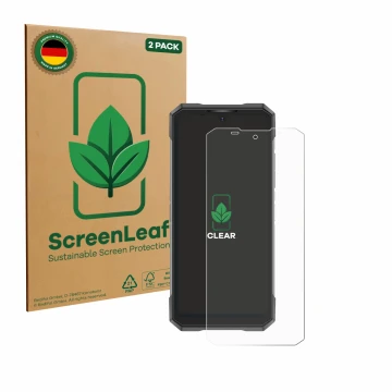 Vorderseite einer Produktverpackung mit dem Markenlogo ScreenLeaf. Daneben ist das Gerät Doogee S200X mit dem zugehörigen Disp