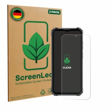 Vorderseite einer Produktverpackung mit dem Markenlogo ScreenLeaf. Daneben ist das Gerät Oukitel G1 mit dem zugehörigen Displa