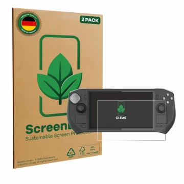 Vorderseite einer Produktverpackung mit dem Markenlogo ScreenLeaf. Daneben ist das Gerät Zotac Gaming Zone mit dem zugehörigen