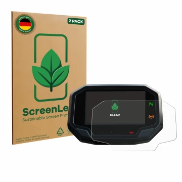 Vorderseite einer Produktverpackung mit dem Markenlogo ScreenLeaf. Daneben ist das Gerät Kawasaki Versys 650 2022+ mit dem zug