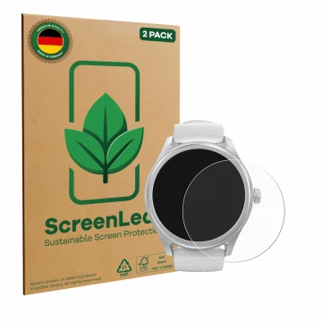 Vorderseite einer Produktverpackung mit dem Markenlogo ScreenLeaf. Daneben ist das Gerät Hama Smartwatch 5010 mit dem zugehöri