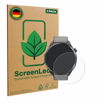 Vorderseite einer Produktverpackung mit dem Markenlogo ScreenLeaf. Daneben ist das Gerät Hama Smartwatch 9000 mit dem zugehöri