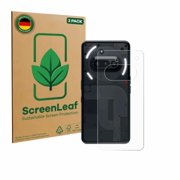 Vorderseite einer Produktverpackung mit dem Markenlogo ScreenLeaf. Daneben ist das Gerät Nothing Phone (3a) (Rückseite) mit de