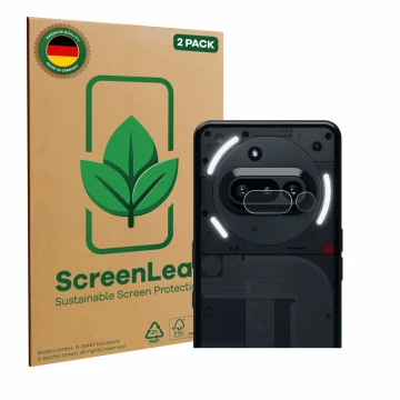 Vorderseite einer Produktverpackung mit dem Markenlogo ScreenLeaf. Daneben ist das Gerät Nothing Phone (3a) (NUR Kameraschutz)