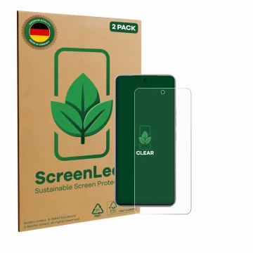 Vorderseite einer Produktverpackung mit dem Markenlogo ScreenLeaf. Daneben ist das Gerät Tecno Camon 40 Premier mit dem zugehö