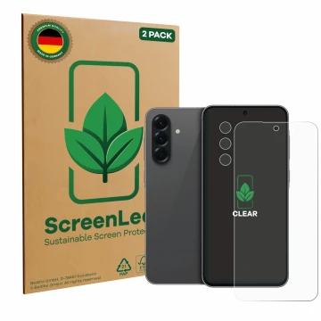 Vorderseite einer Produktverpackung mit dem Markenlogo ScreenLeaf. Daneben ist das Gerät Samsung Galaxy A56 5G (Display+Kamera