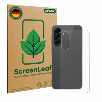 Vorderseite einer Produktverpackung mit dem Markenlogo ScreenLeaf. Daneben ist das Gerät Samsung Galaxy A56 5G (Rückseite) mit