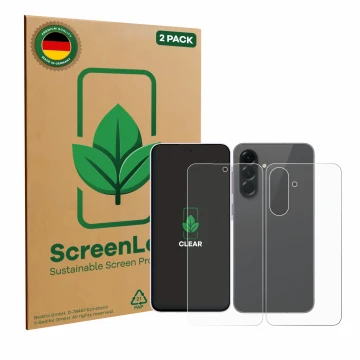 Vorderseite einer Produktverpackung mit dem Markenlogo ScreenLeaf. Daneben ist das Gerät Samsung Galaxy A56 5G (Display+Rückse