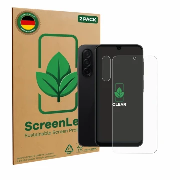 Vorderseite einer Produktverpackung mit dem Markenlogo ScreenLeaf. Daneben ist das Gerät Samsung Galaxy A26 5G (Display+Kamera