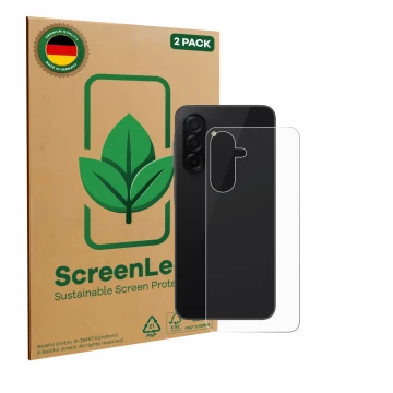 Vorderseite einer Produktverpackung mit dem Markenlogo ScreenLeaf. Daneben ist das Gerät Samsung Galaxy A26 5G (Rückseite) mit