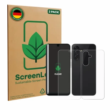 Vorderseite einer Produktverpackung mit dem Markenlogo ScreenLeaf. Daneben ist das Gerät Samsung Galaxy A26 5G (Display+Rückse