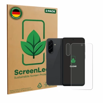 Vorderseite einer Produktverpackung mit dem Markenlogo ScreenLeaf. Daneben ist das Gerät Samsung Galaxy A36 5G (Display+Kamera