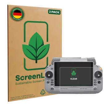 Vorderseite einer Produktverpackung mit dem Markenlogo ScreenLeaf. Daneben ist das Gerät DJI RC Plus 2 mit dem zugehörigen Dis