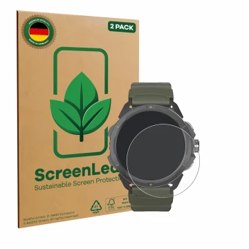 Vorderseite einer Produktverpackung mit dem Markenlogo ScreenLeaf. Daneben ist das Gerät Hammer Watch 2 Military Edition mit d
