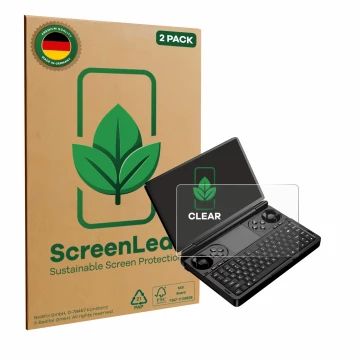 Vorderseite einer Produktverpackung mit dem Markenlogo ScreenLeaf. Daneben ist das Gerät GPD Win Mini (2025) mit dem zugehörig
