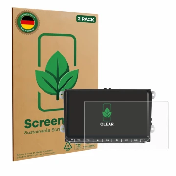 Vorderseite einer Produktverpackung mit dem Markenlogo ScreenLeaf. Daneben ist das Gerät Essgoo AR9002 mit dem zugehörigen Dis
