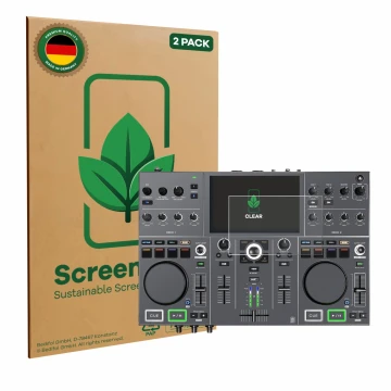 Vorderseite einer Produktverpackung mit dem Markenlogo ScreenLeaf. Daneben ist das Gerät Denon DJ Prime Go+ mit dem zugehörige