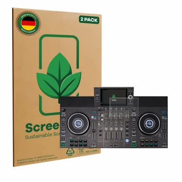 Vorderseite einer Produktverpackung mit dem Markenlogo ScreenLeaf. Daneben ist das Gerät Denon DJ SC LIVE 4 (Jog) mit dem zuge