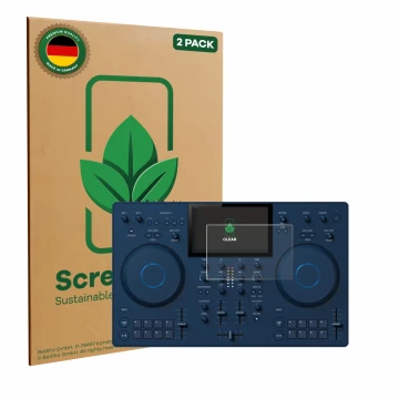 Vorderseite einer Produktverpackung mit dem Markenlogo ScreenLeaf. Daneben ist das Gerät AlphaTheta OMNIS-Duo (Jog) mit dem zu