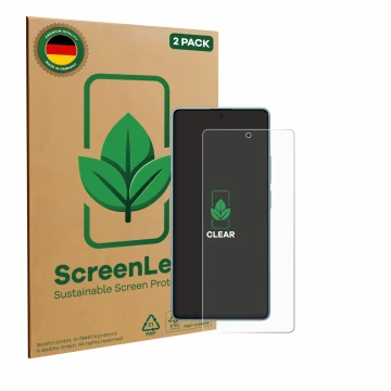 Vorderseite einer Produktverpackung mit dem Markenlogo ScreenLeaf. Daneben ist das Gerät Xiaomi Redmi Note 14S mit dem zugehör