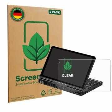 Vorderseite einer Produktverpackung mit dem Markenlogo ScreenLeaf. Daneben ist das Gerät GPD Pocket 4 mit dem zugehörigen Disp