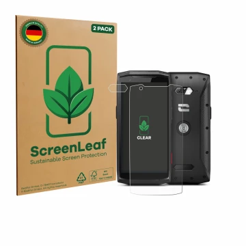 Vorderseite einer Produktverpackung mit dem Markenlogo ScreenLeaf. Daneben ist das Gerät Crosscall Core-M5 (Display+Kamera) mi