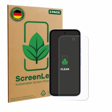 Vorderseite einer Produktverpackung mit dem Markenlogo ScreenLeaf. Daneben ist das Gerät Google Pixel 9a mit dem zugehörigen D