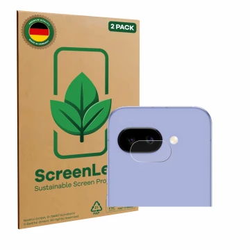 Vorderseite einer Produktverpackung mit dem Markenlogo ScreenLeaf. Daneben ist das Gerät Google Pixel 9a (NUR Kameraschutz) mi