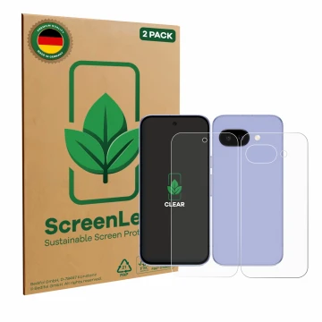 Vorderseite einer Produktverpackung mit dem Markenlogo ScreenLeaf. Daneben ist das Gerät Google Pixel 9a (Display+Rückseite) m