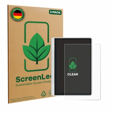 Vorderseite einer Produktverpackung mit dem Markenlogo ScreenLeaf. Daneben ist das Gerät XP-Pen Magic Note Pad mit dem zugehör