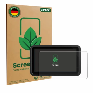Vorderseite einer Produktverpackung mit dem Markenlogo ScreenLeaf. Daneben ist das Gerät Atomos Shinobi Go mit dem zugehörigen