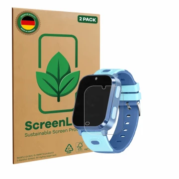 Vorderseite einer Produktverpackung mit dem Markenlogo ScreenLeaf. Daneben ist das Gerät Noctiluxia 4G Kids Smartwatch mit dem
